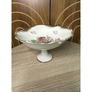 Vintage Japan Porcelain Pedestal Candy Dish Pink Rose Chintz Floral Gold Trim